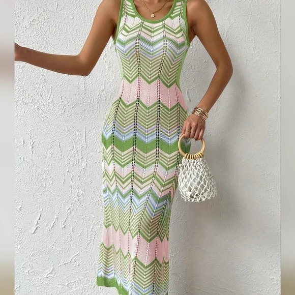Dresses & Skirts - COPY - Chevron Pattern Pointelle Knit Sweater Dress